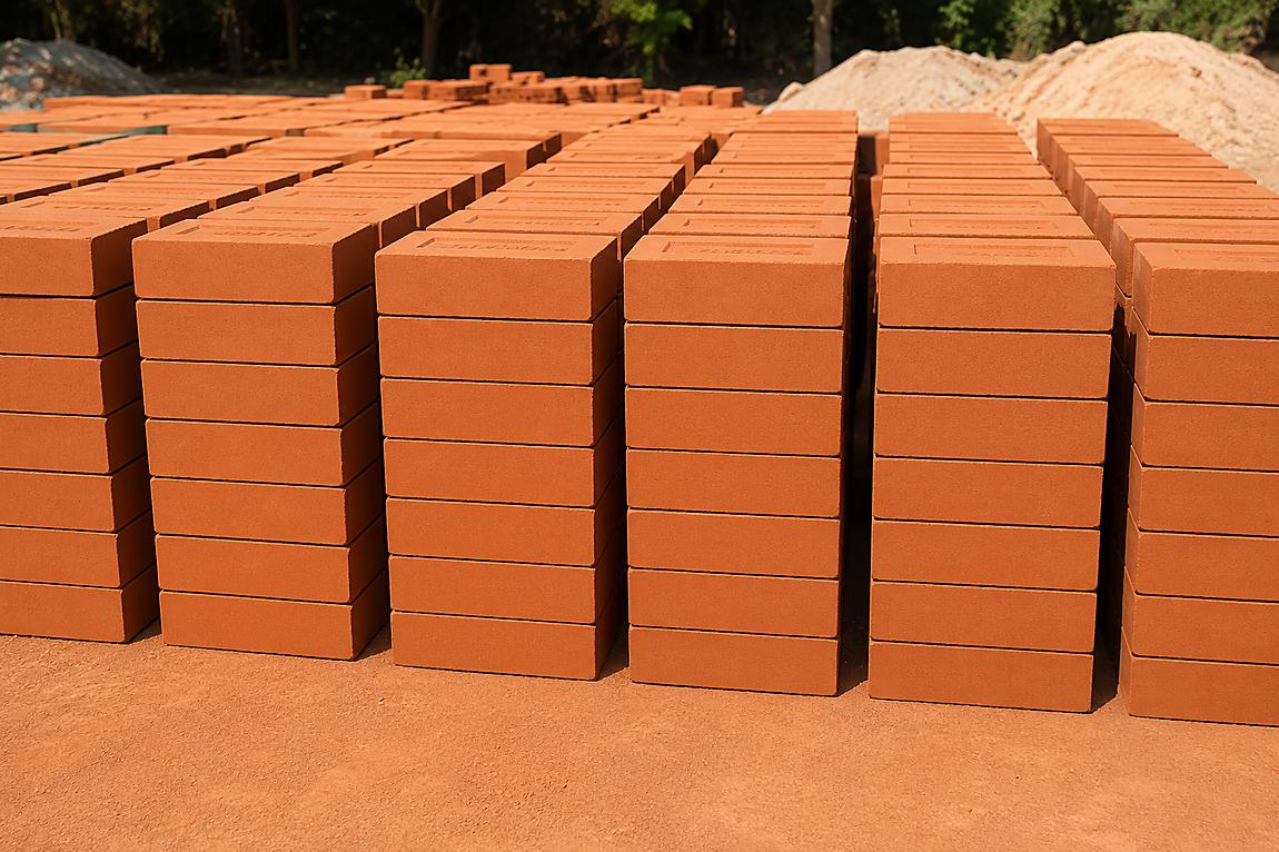 Stock de briques BTC ECHO alignées sur le site de production de Ngaparou
